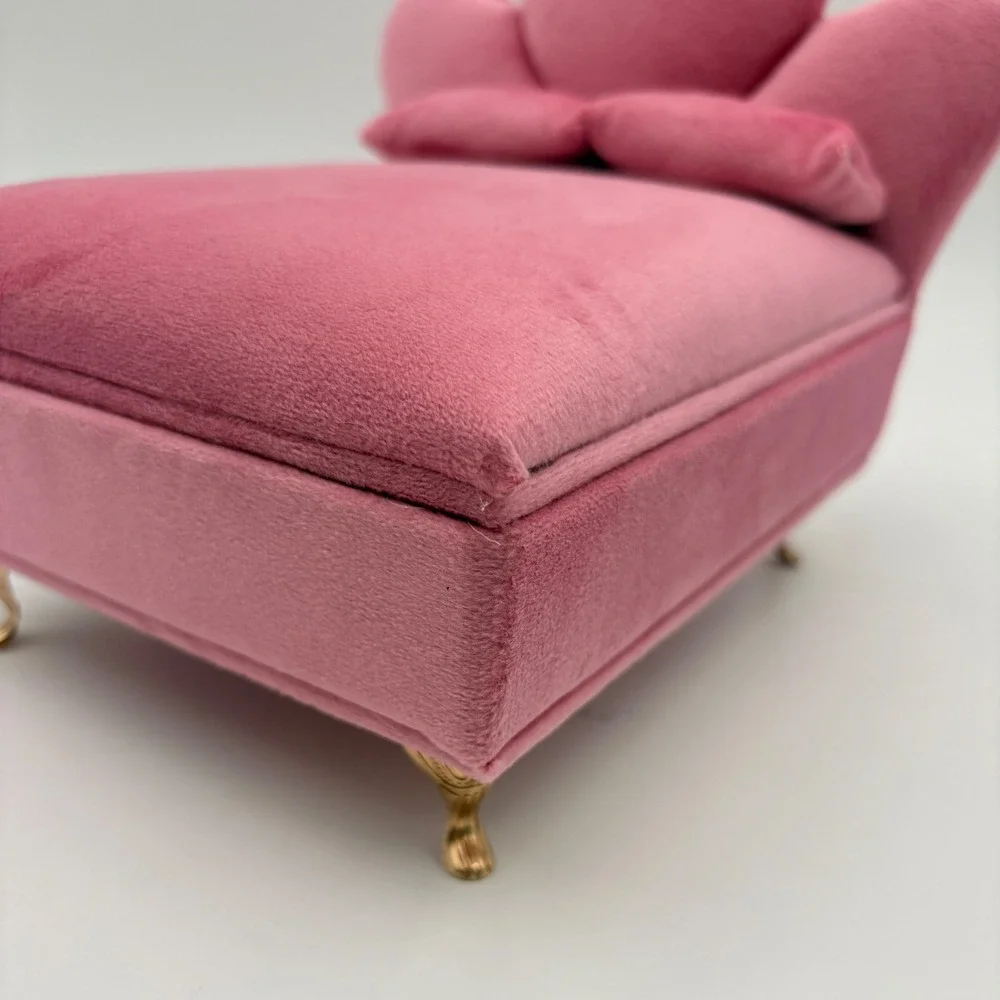 Pink Velvet Bed Jewelry Box Heart Headboard Mirror Ring Storage Gold Legs